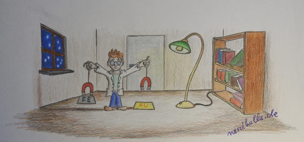 Wissenschaftler im Kittel demonstriert Magnetismus mit Gold und Eisen
