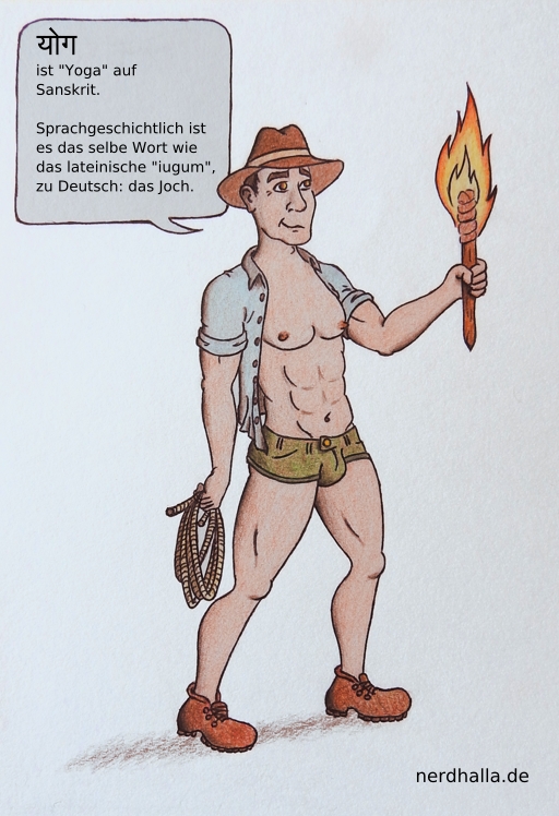 Eine muskulöser Archäologe mit offenem Hemd und kurzer Hose erklärt die Herkunft des Wortes Yoga.
