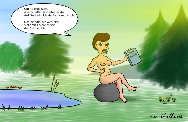 Eine sexy nackte Frau sitzt auf einer Waldlichtung an einem Teich in der Abendsonne hält ein Philosophie-Buch in der Hand und spricht über Descartes
