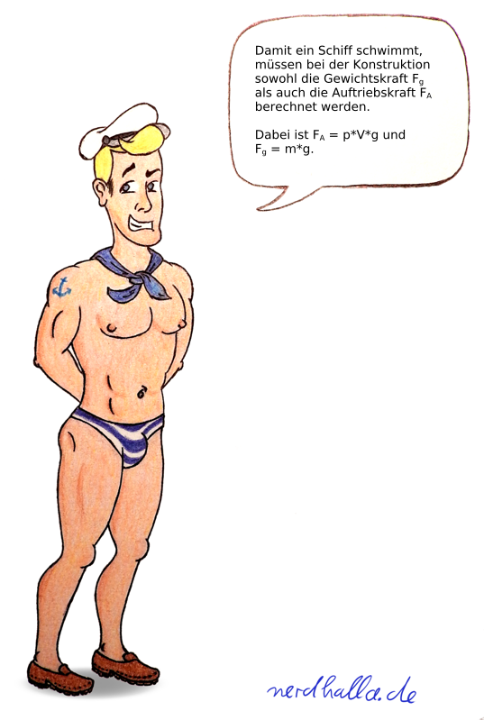 Ein sexy Matrose ist fast nackt nur mit einem blau-weiß gestreiften Stringtanga bekleidet und erklärt physikalische Kräfte die für die Seefahrt wichtig sind
