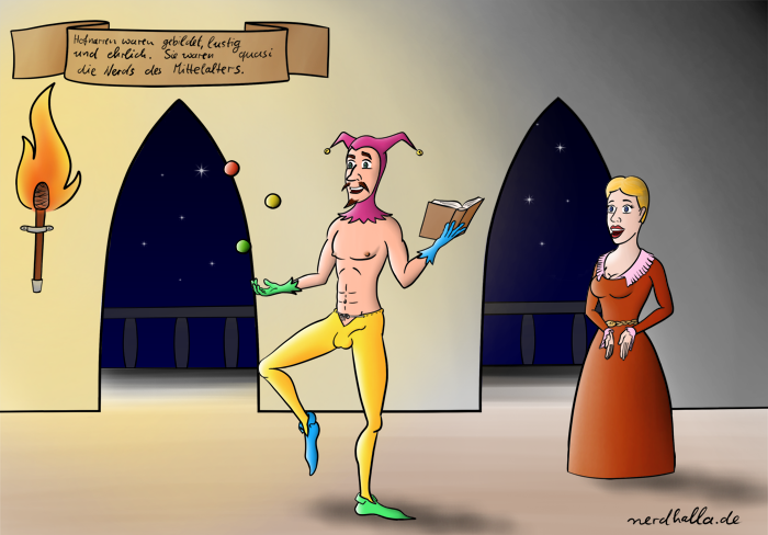 Ein sexy Hofnarr mit nacktem Oberkörper trägt eine Strumpfhose die seinen Penis und seine Hoden erkennen lässt während ein Banner historische Fakten erklärt
