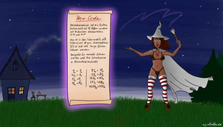 Eine fast nackte sexy Hexe trägt einen durchsichtigen Netzbikini und zaubert eine Erklärung für Hexadezimalcode herbei
