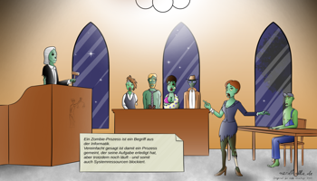 In einem warm erleuchteten Gerichtssaal führen zu später Stunden Zombies einen Prozess durch. Ein Hinweisfeld erklärt das Konzept des Zombie-Prozesses von Computersystemen
